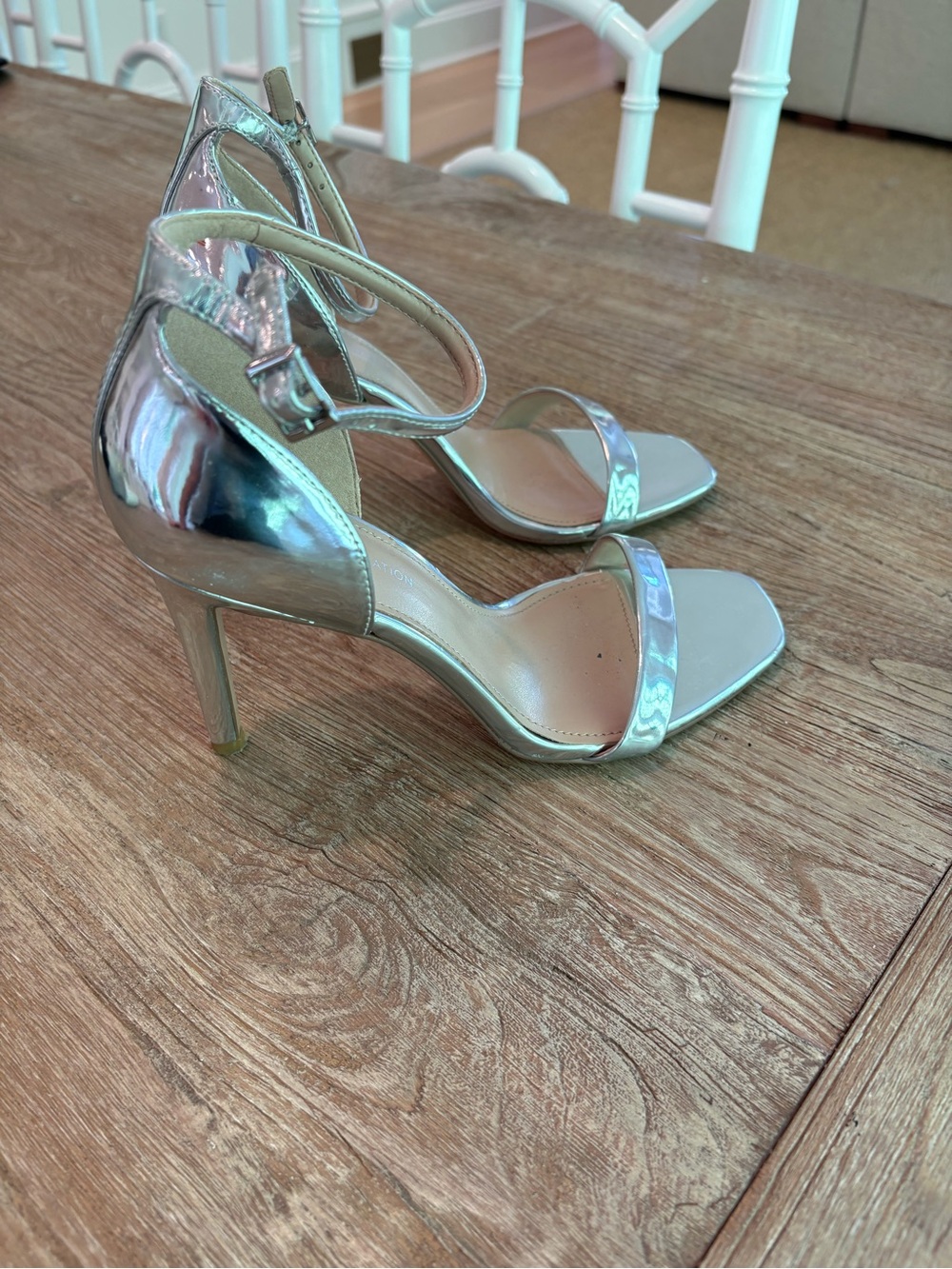 BCBGeneration Shiny Silver Ankle-Strap Stiletto Heels